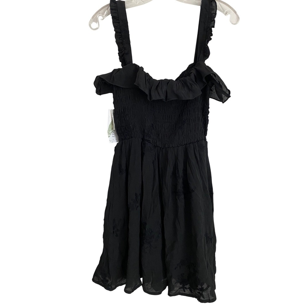 Wild Moss Womens Smocked Body Mini Dress Black Floral Embroidered Ruffle L NWT - Picture 7 of 11